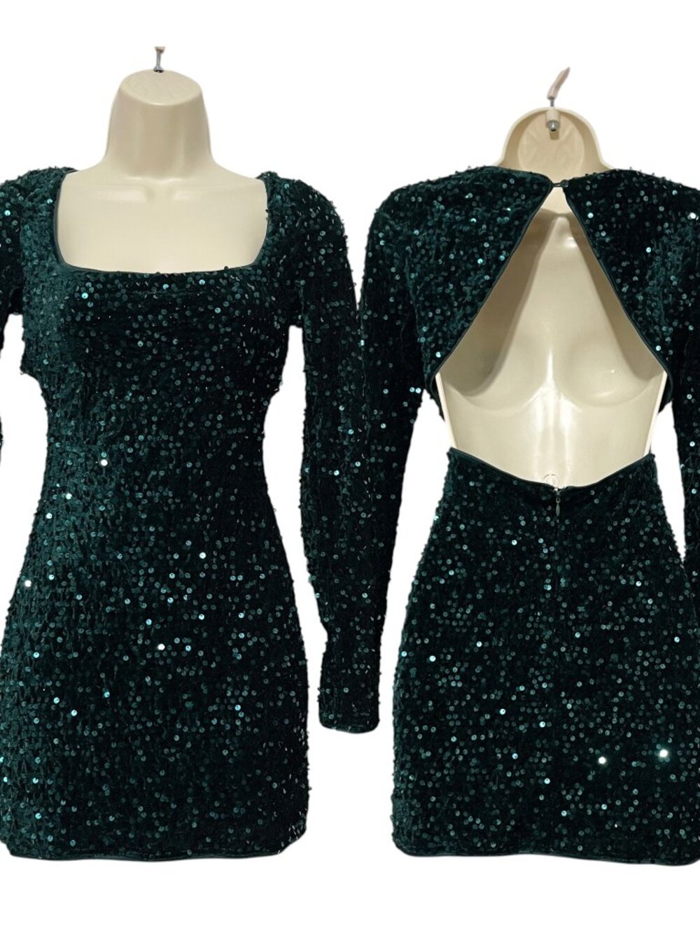 Lulus Womens Velvet Open Back Sequin Mini Dress XS Emerald Rave Party Club Glam
